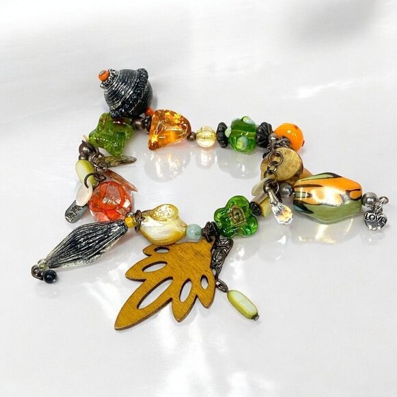 Treska Jewelry Botanical Beaded Charm Bracelet Orange Green Silver Art Glass - Picture 5 of 5